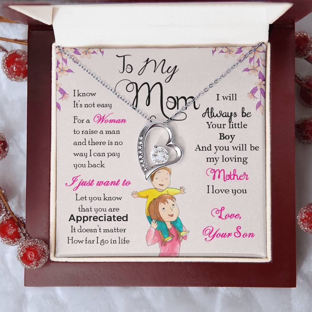 To My Mom "I Will Always Be Your Little Boy" Heart Necklace