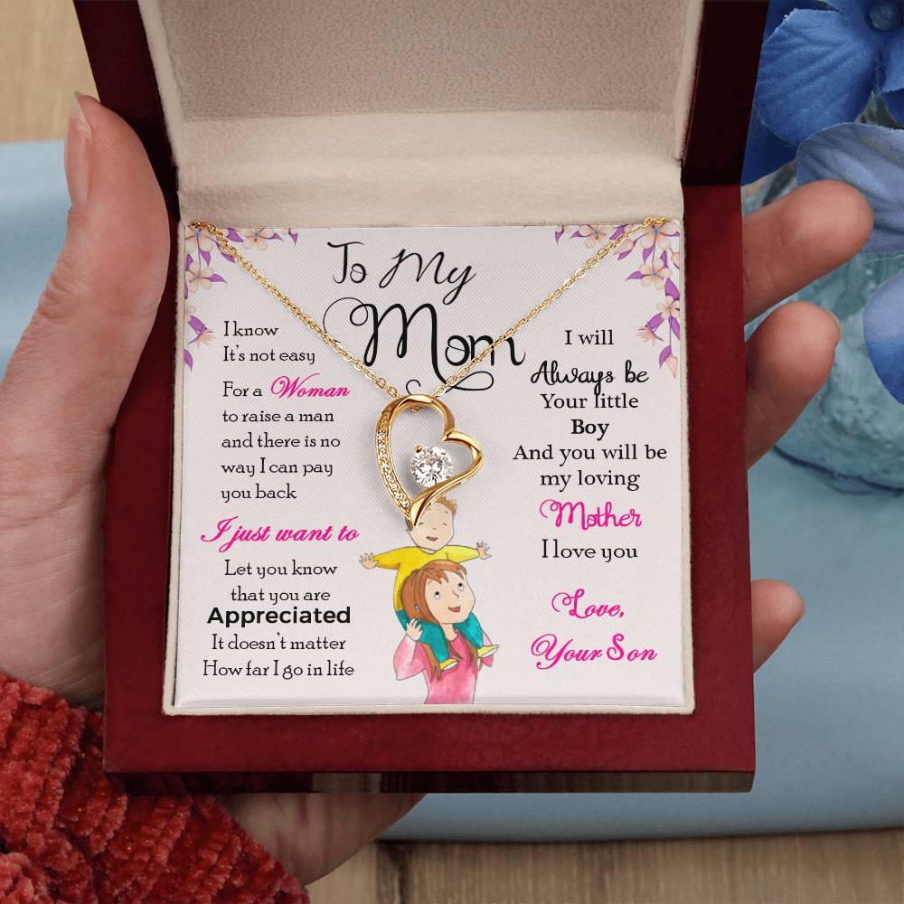 To My Mom "I Will Always Be Your Little Boy" Heart Necklace