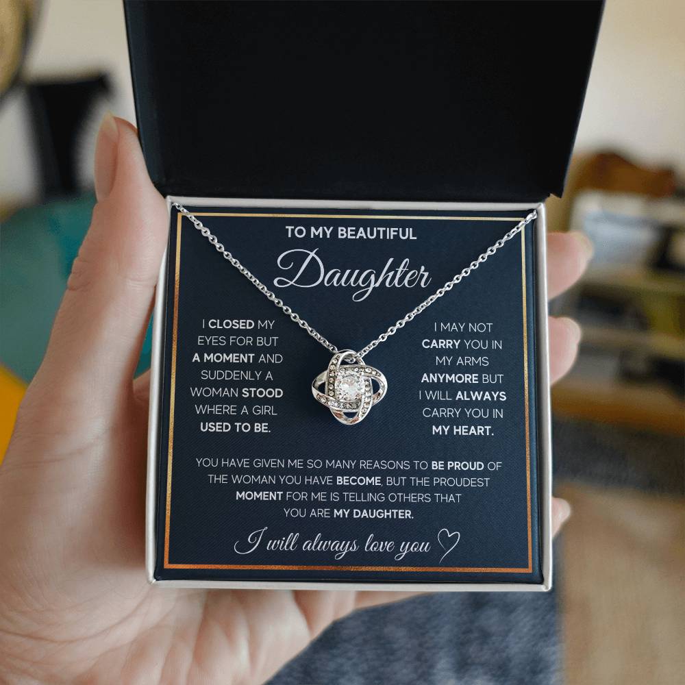 To My Daughter "I Will Always Carry You In My Heart" Knot Necklace