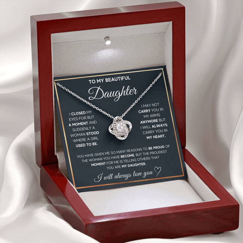 To My Daughter "I Will Always Carry You In My Heart" Knot Necklace