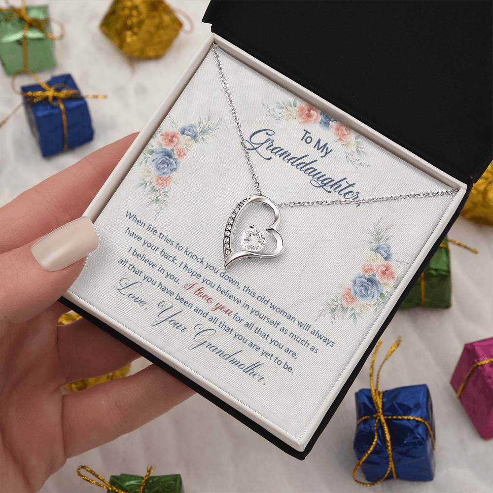To My Granddaughter "This Old Woman Will Always Have Your Back" Heart Necklace