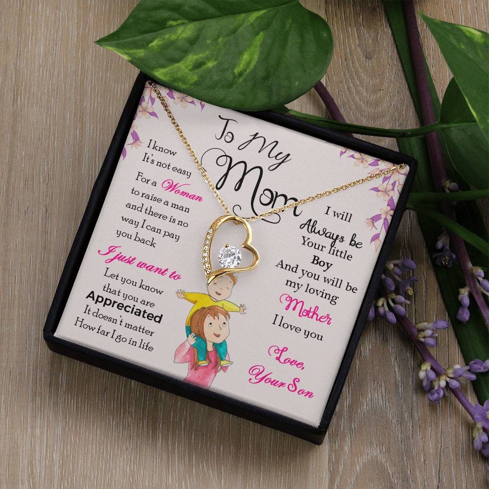 To My Mom "I Will Always Be Your Little Boy" Heart Necklace