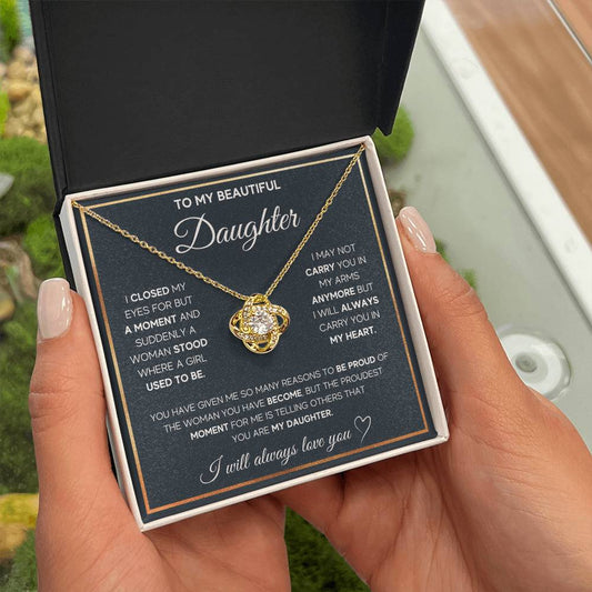 To My Daughter "I Will Always Carry You In My Heart" Knot Necklace