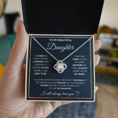 To My Daughter "I Will Always Carry You In My Heart" Knot Necklace